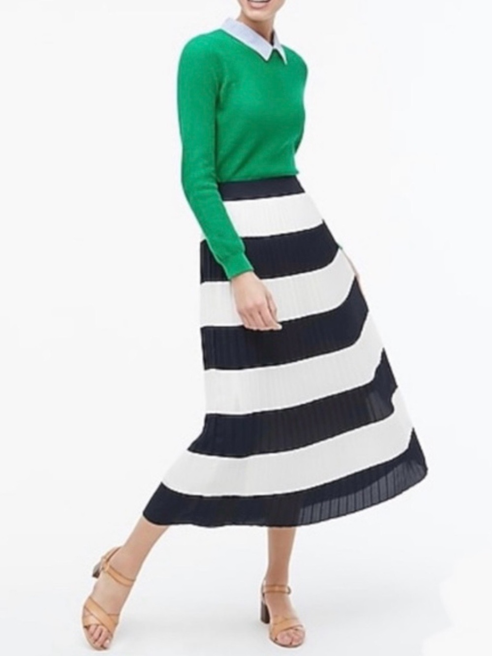 J.Crew Pleated Deep Navy and White Striped Midi Skirt Size 6